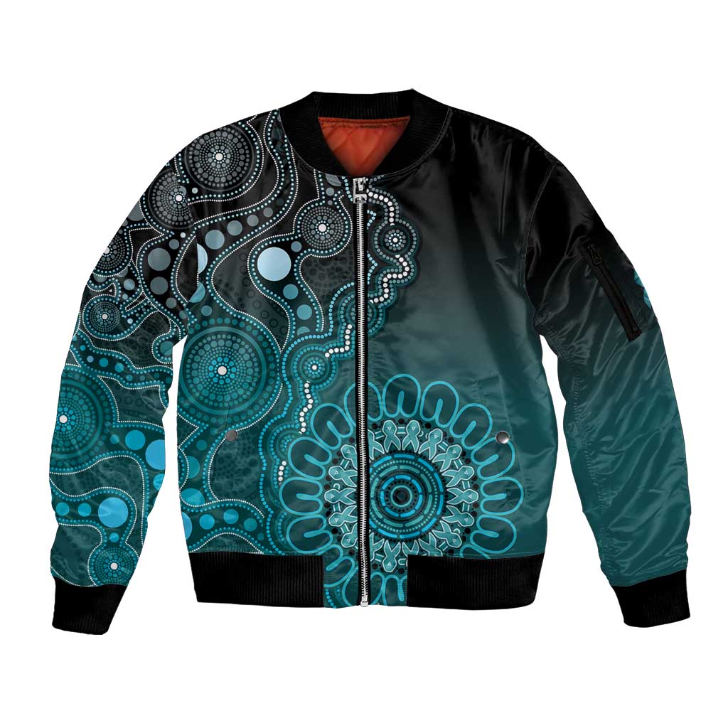Personalised Ovarian Cancer Awareness Sleeve Zip Bomber Jacket Teal Ribbon Aboriginal Art