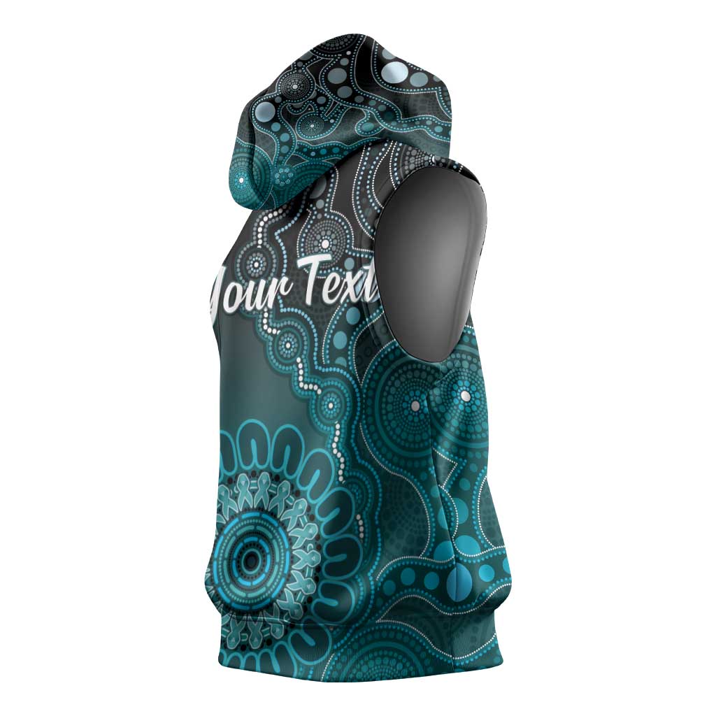 Personalised Ovarian Cancer Awareness Sleeveless Hoodie Teal Ribbon Aboriginal Art