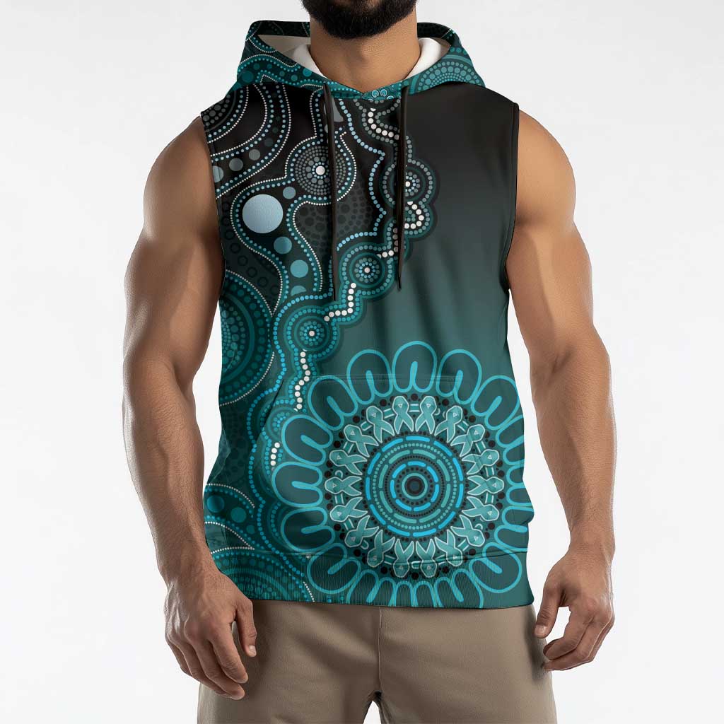 Personalised Ovarian Cancer Awareness Sleeveless Hoodie Teal Ribbon Aboriginal Art
