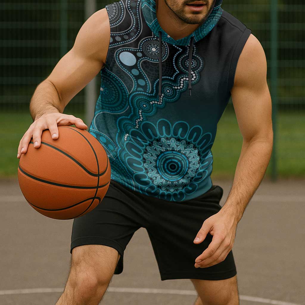 Personalised Ovarian Cancer Awareness Sleeveless Hoodie Teal Ribbon Aboriginal Art