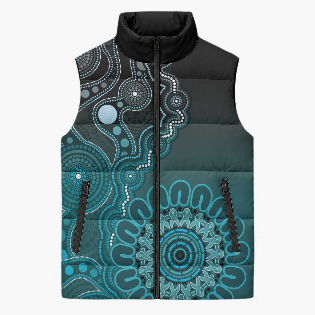 Personalised Ovarian Cancer Awareness Sleeveless Puffer Jacket Teal Ribbon Aboriginal Art