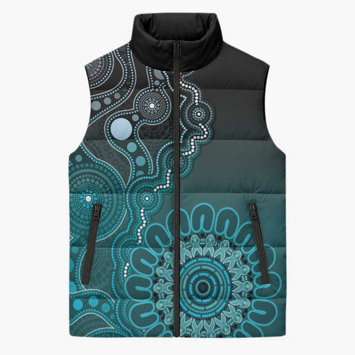 Personalised Ovarian Cancer Awareness Sleeveless Puffer Jacket Teal Ribbon Aboriginal Art