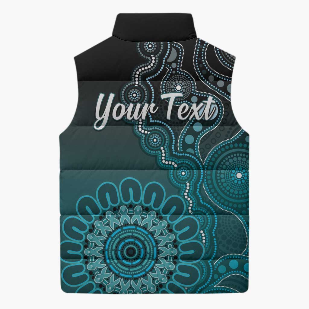 Personalised Ovarian Cancer Awareness Sleeveless Puffer Jacket Teal Ribbon Aboriginal Art