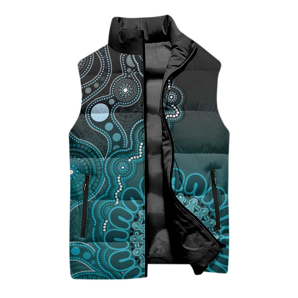 Personalised Ovarian Cancer Awareness Sleeveless Puffer Jacket Teal Ribbon Aboriginal Art