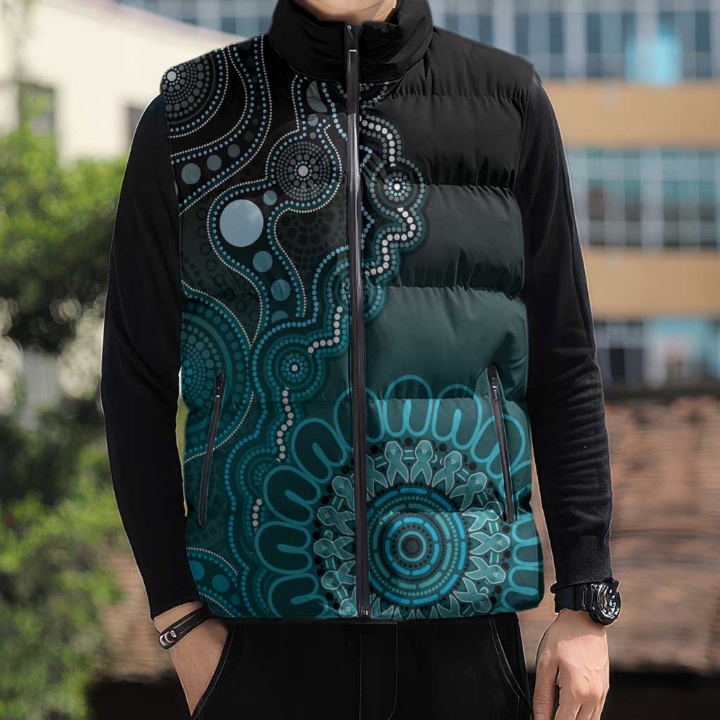 Personalised Ovarian Cancer Awareness Sleeveless Puffer Jacket Teal Ribbon Aboriginal Art
