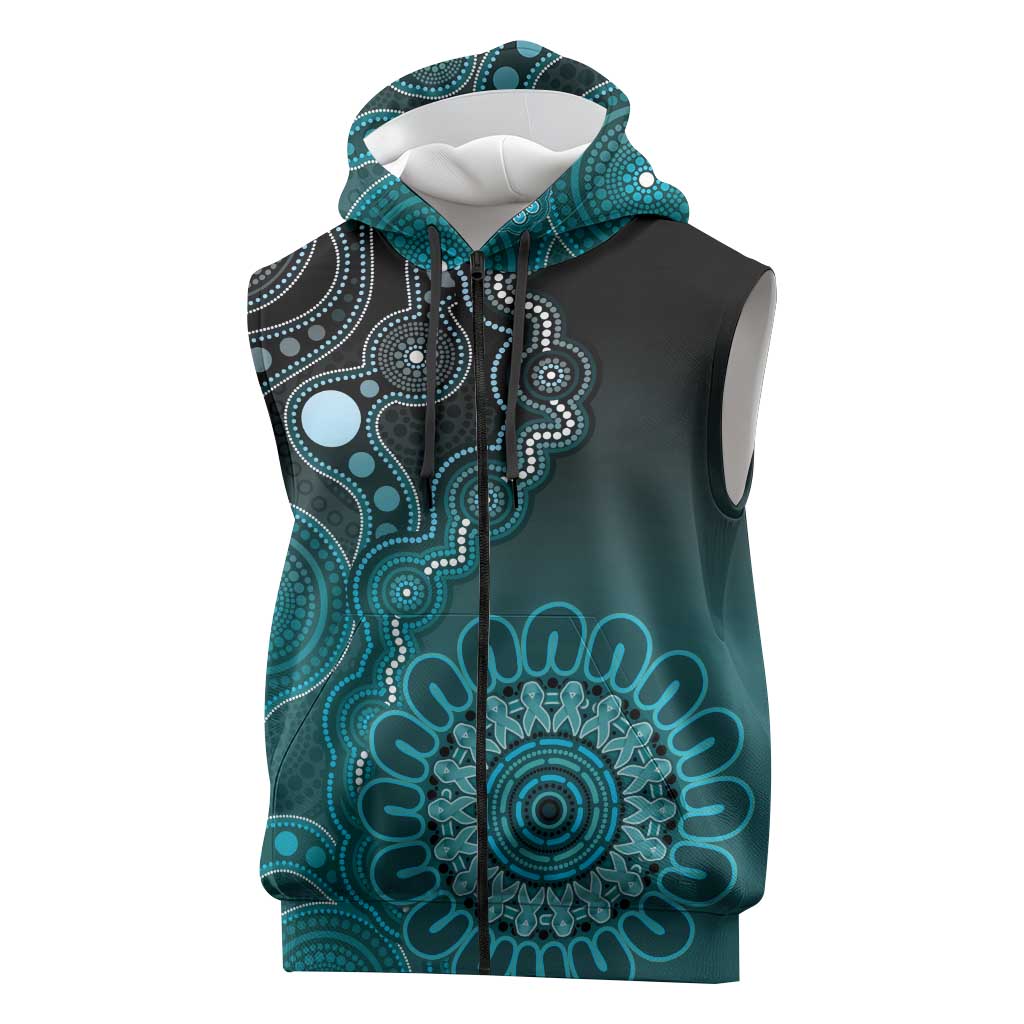 Personalised Ovarian Cancer Awareness Sleeveless Zip Hoodie Teal Ribbon Aboriginal Art