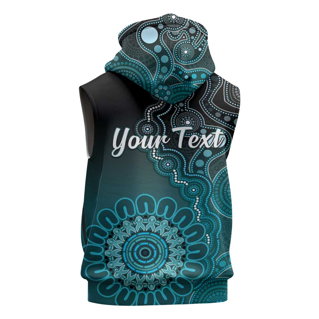 Personalised Ovarian Cancer Awareness Sleeveless Zip Hoodie Teal Ribbon Aboriginal Art