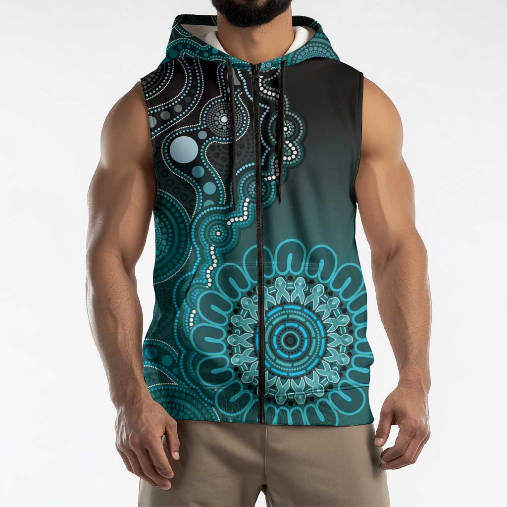 Personalised Ovarian Cancer Awareness Sleeveless Zip Hoodie Teal Ribbon Aboriginal Art