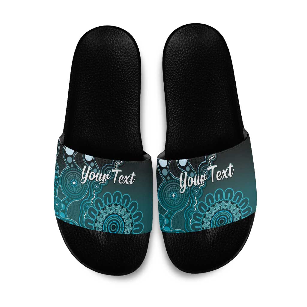 Personalised Ovarian Cancer Awareness Slide Sandals Teal Ribbon Aboriginal Art