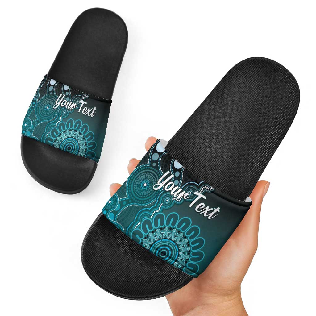 Personalised Ovarian Cancer Awareness Slide Sandals Teal Ribbon Aboriginal Art