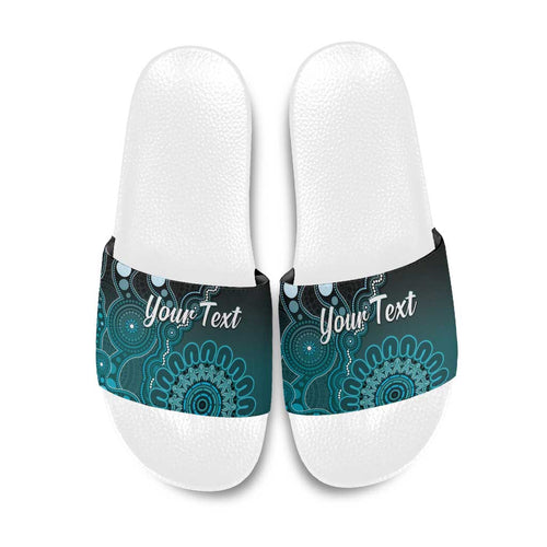 Personalised Ovarian Cancer Awareness Slide Sandals Teal Ribbon Aboriginal Art