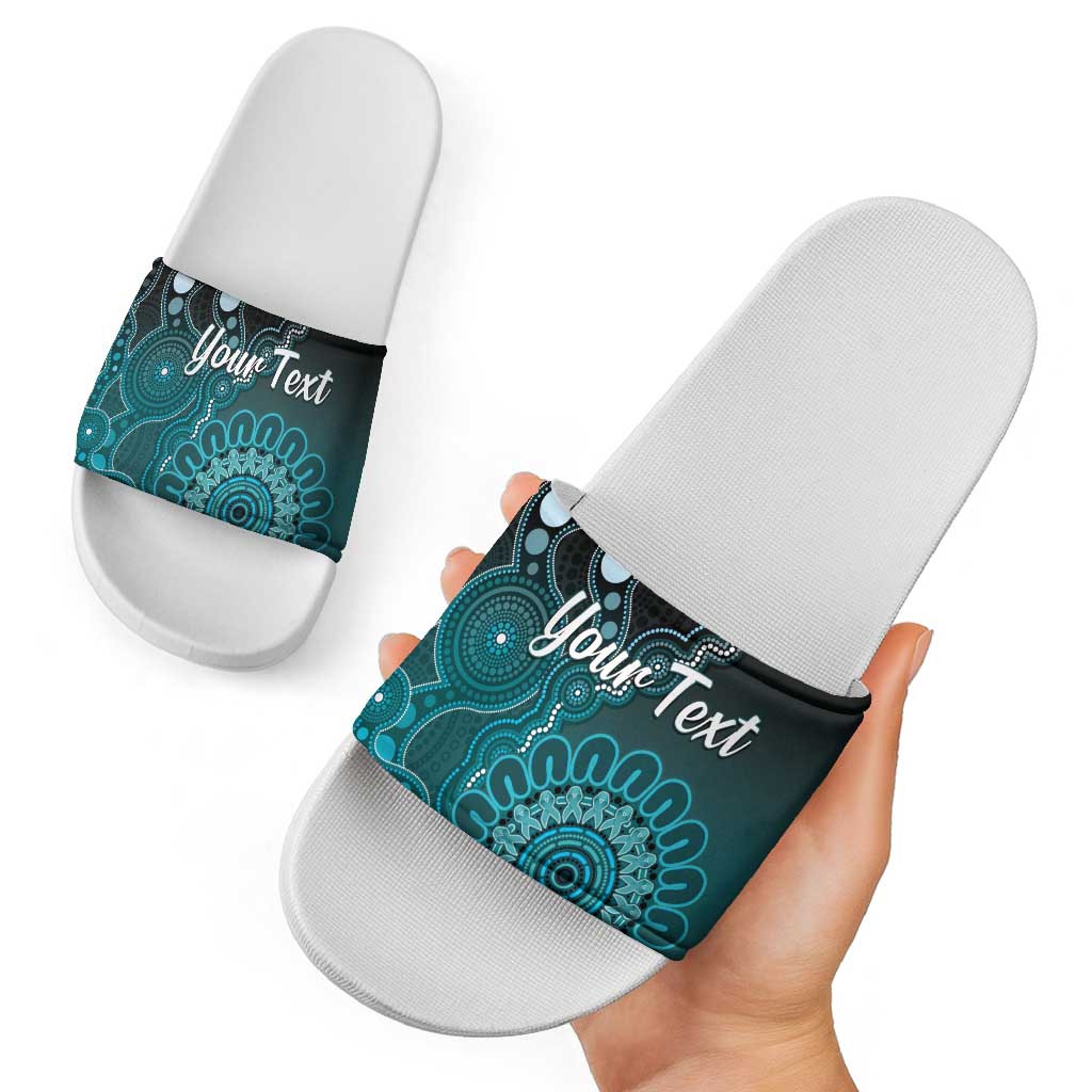 Personalised Ovarian Cancer Awareness Slide Sandals Teal Ribbon Aboriginal Art