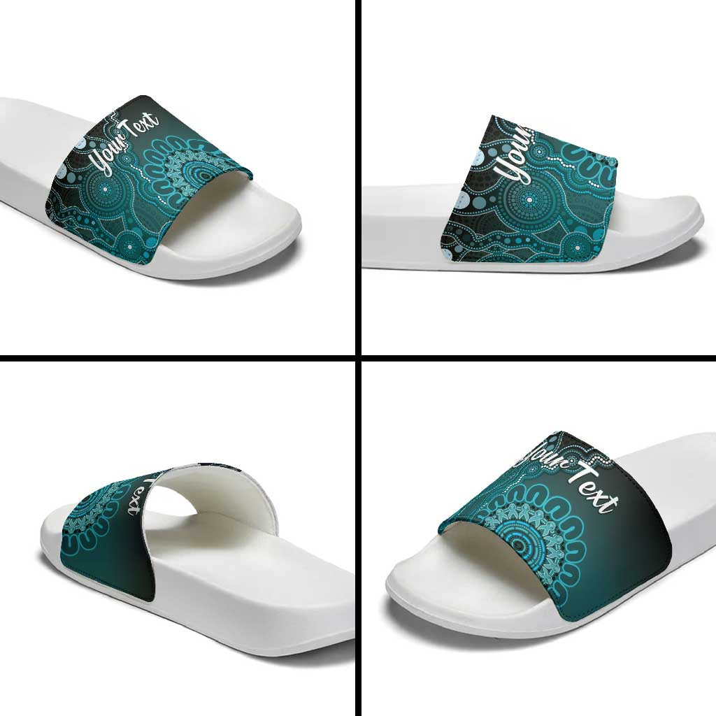 Personalised Ovarian Cancer Awareness Slide Sandals Teal Ribbon Aboriginal Art