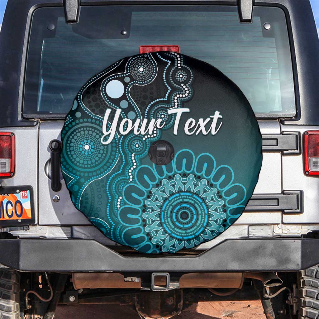 Personalised Ovarian Cancer Awareness Spare Tire Cover Teal Ribbon Aboriginal Art