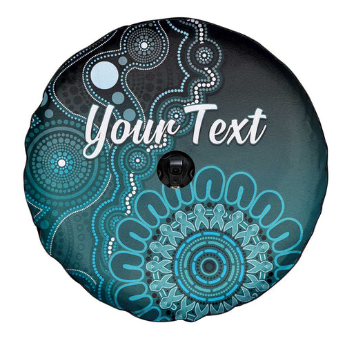 Personalised Ovarian Cancer Awareness Spare Tire Cover Teal Ribbon Aboriginal Art