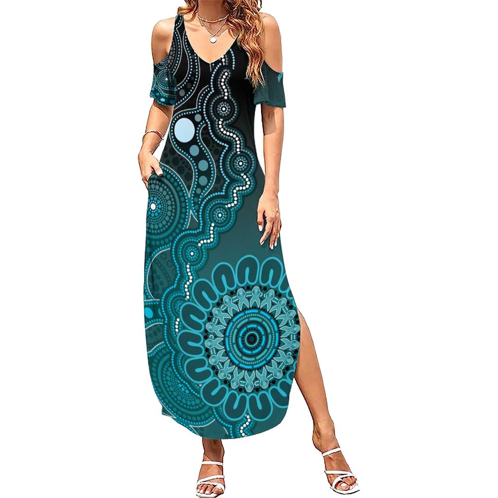 Personalised Ovarian Cancer Awareness Summer Maxi Dress Teal Ribbon Aboriginal Art