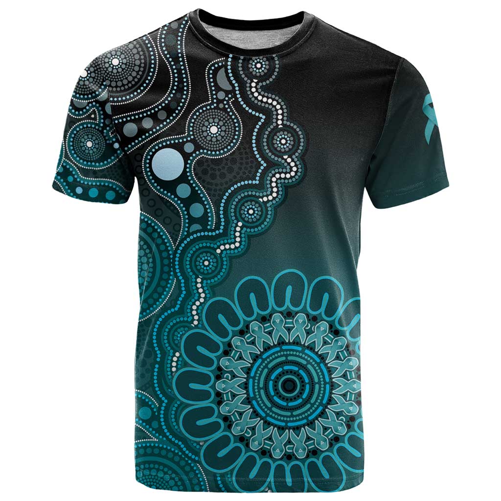 Personalised Ovarian Cancer Awareness T Shirt Teal Ribbon Aboriginal Art