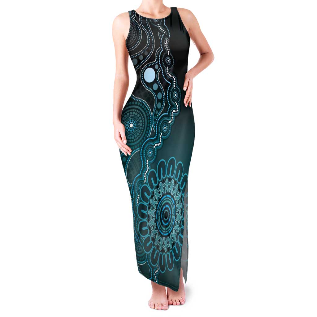 Personalised Ovarian Cancer Awareness Tank Maxi Dress Teal Ribbon Aboriginal Art