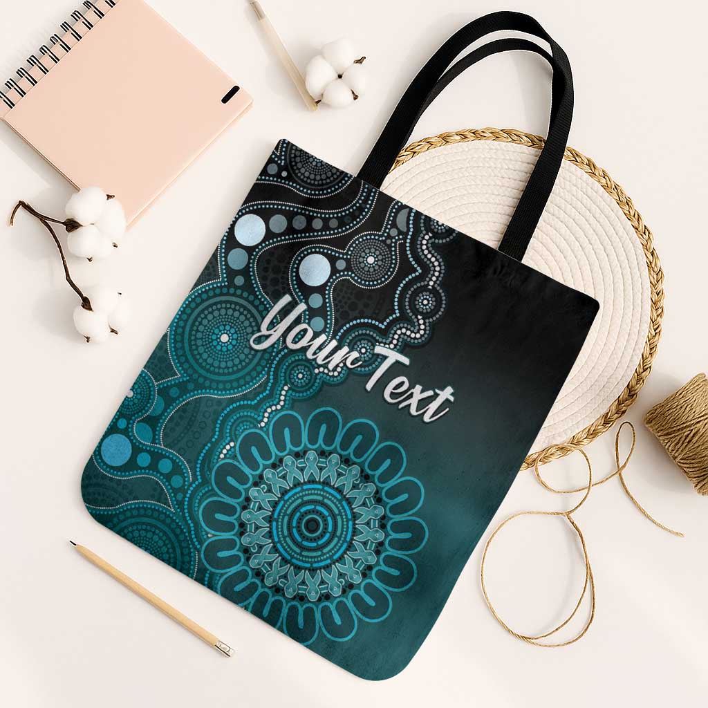 Personalised Ovarian Cancer Awareness Tote Bag Teal Ribbon Aboriginal Art