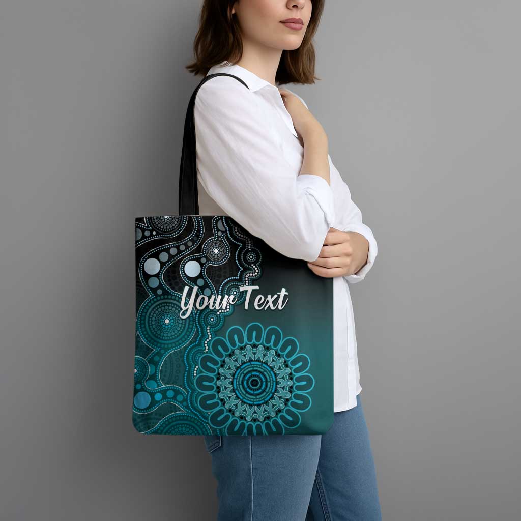 Personalised Ovarian Cancer Awareness Tote Bag Teal Ribbon Aboriginal Art