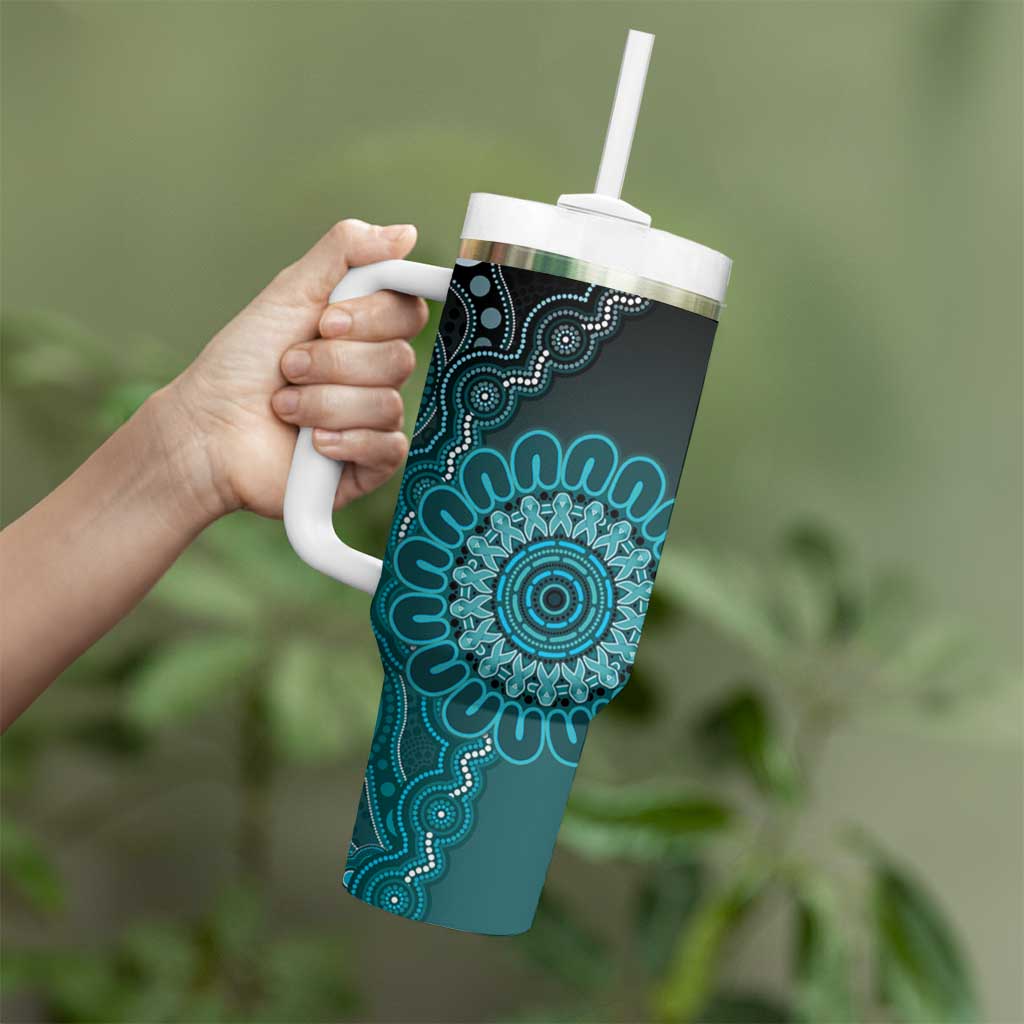 Personalised Ovarian Cancer Awareness Tumbler With Handle Teal Ribbon Aboriginal Art