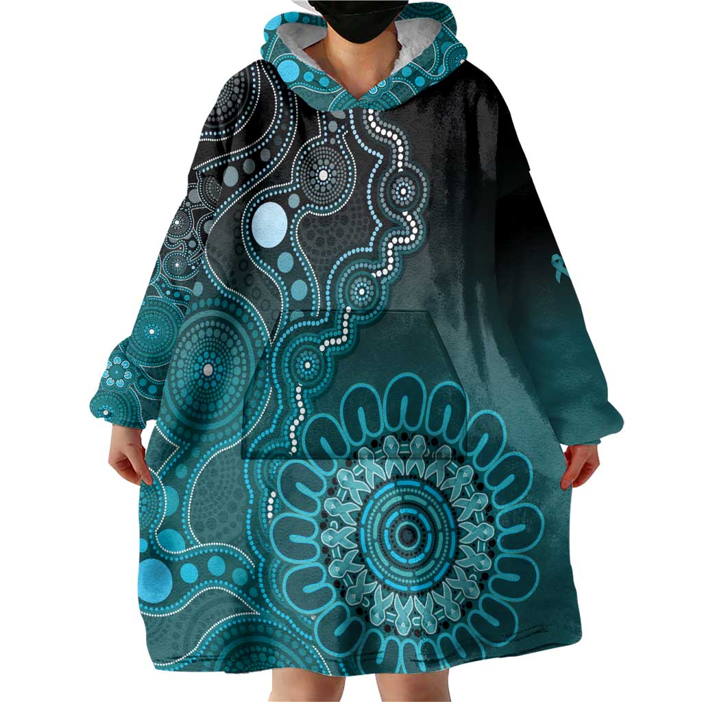 Personalised Ovarian Cancer Awareness Wearable Blanket Hoodie Teal Ribbon Aboriginal Art