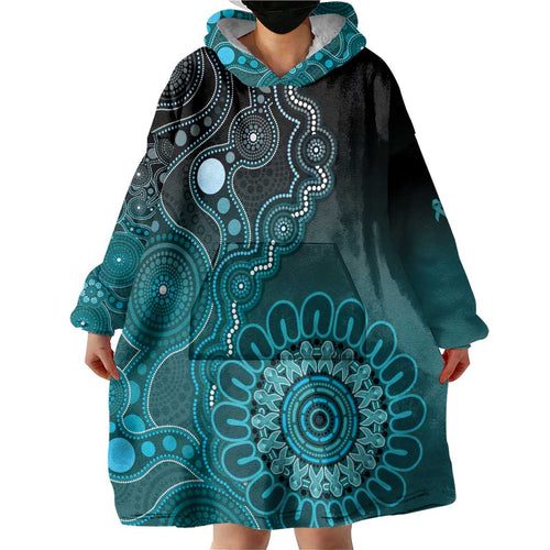 Personalised Ovarian Cancer Awareness Wearable Blanket Hoodie Teal Ribbon Aboriginal Art