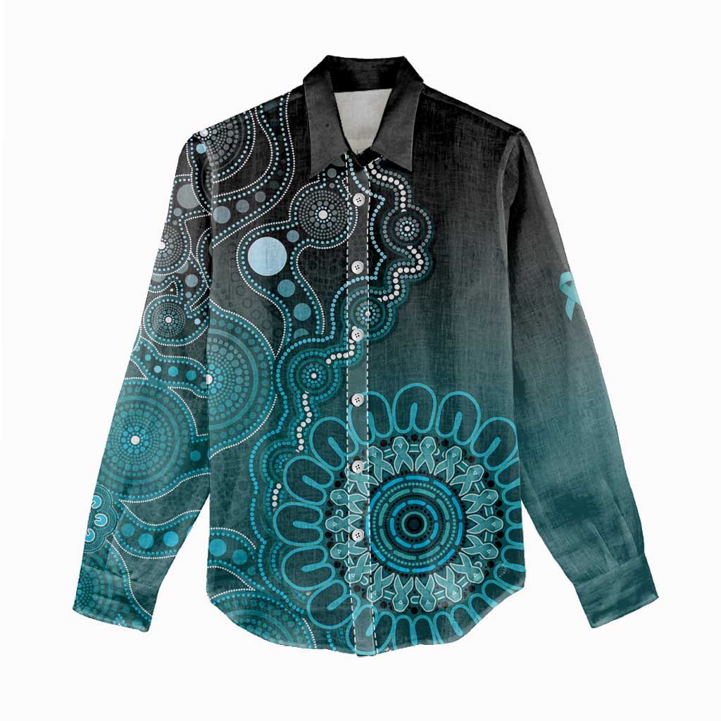 Personalised Ovarian Cancer Awareness Women Casual Shirt Teal Ribbon Aboriginal Art