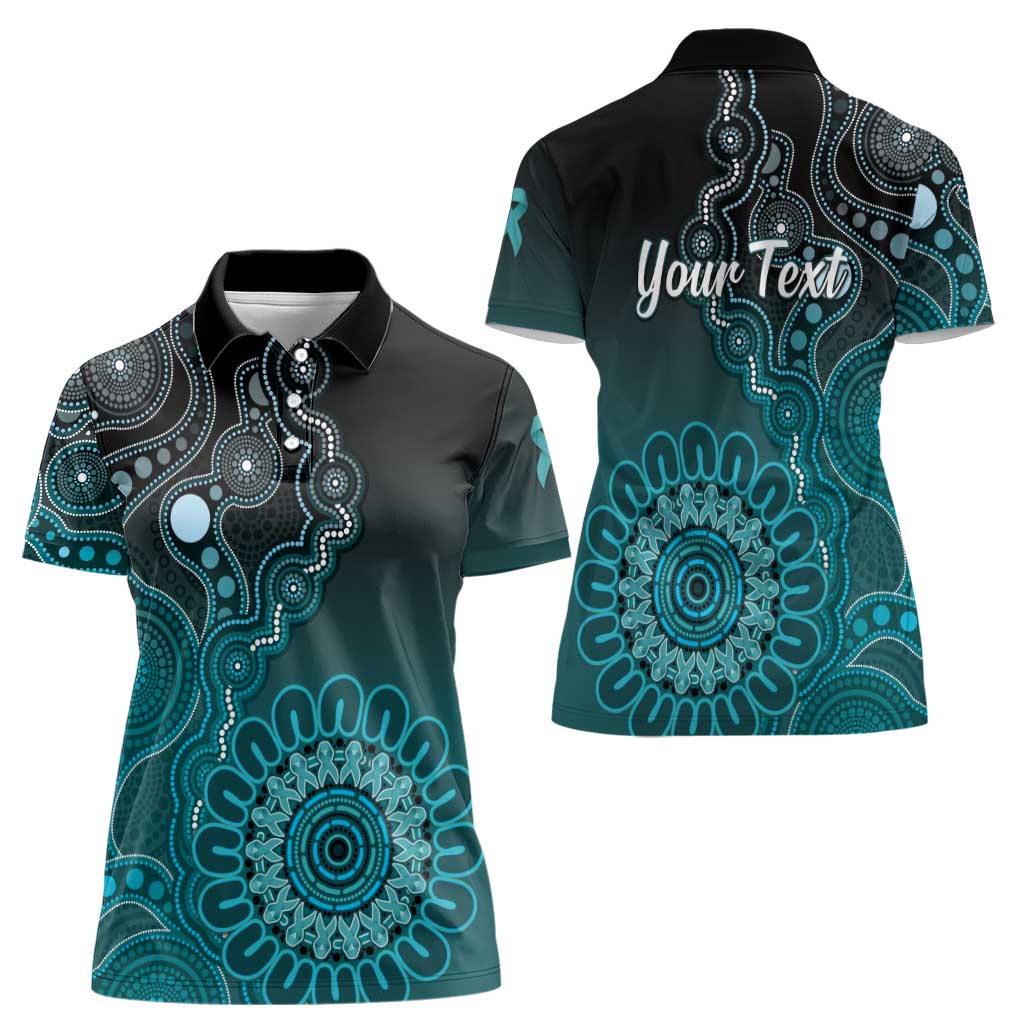 Personalised Ovarian Cancer Awareness Women Polo Shirt Teal Ribbon Aboriginal Art