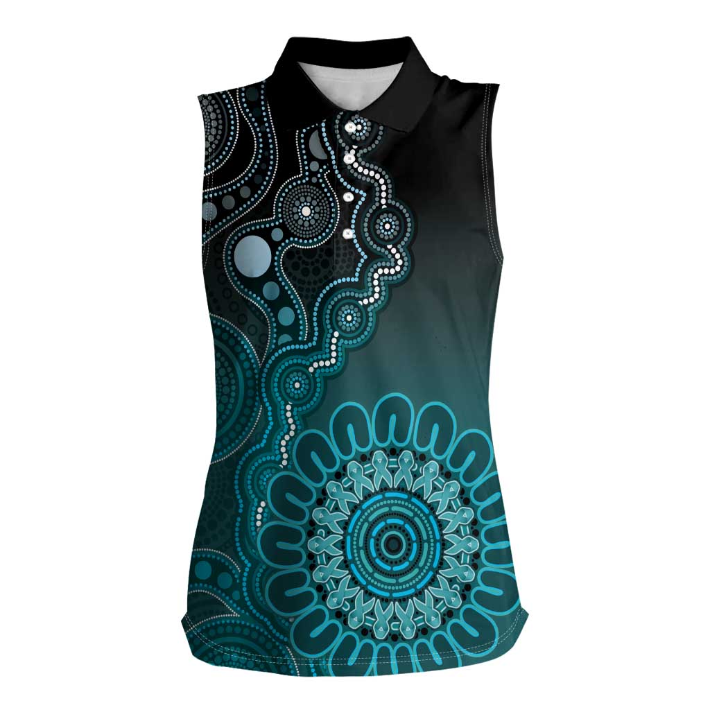Personalised Ovarian Cancer Awareness Women Sleeveless Polo Shirt Teal Ribbon Aboriginal Art