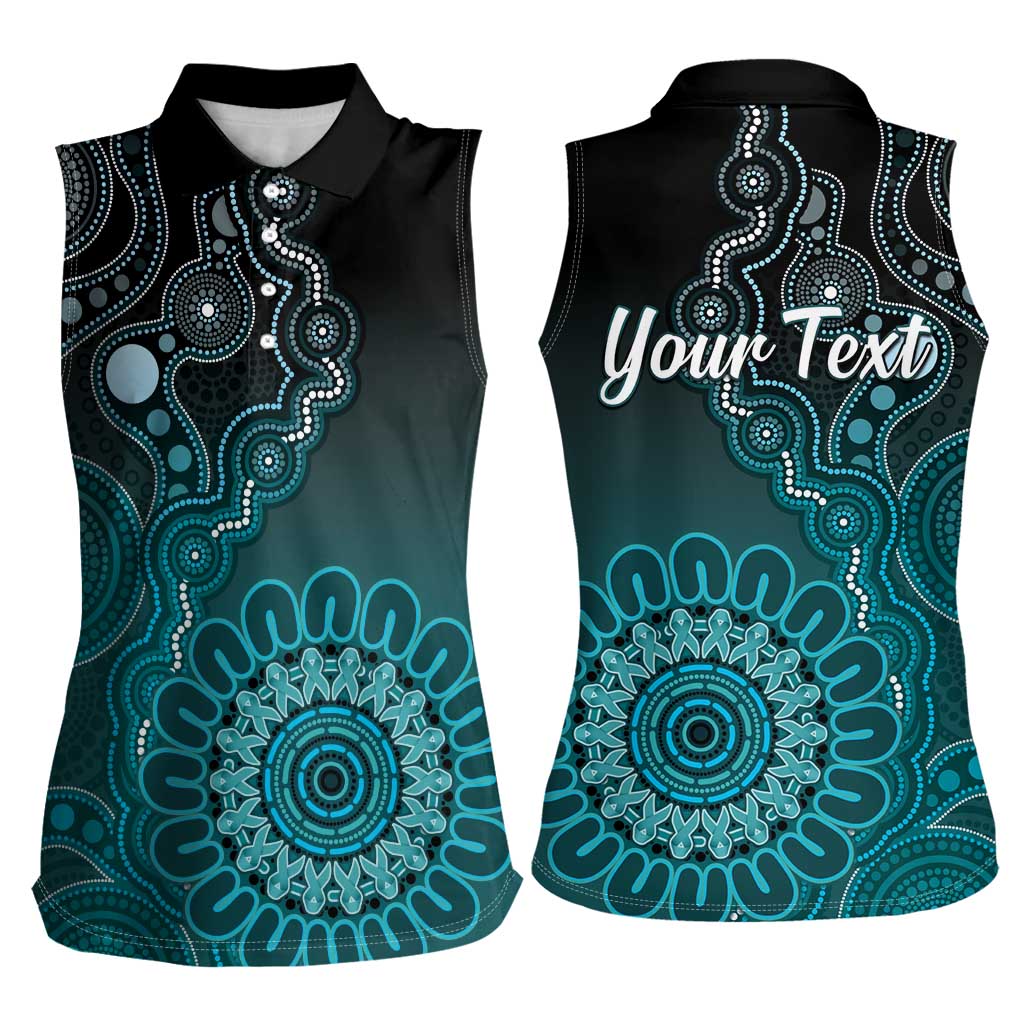 Personalised Ovarian Cancer Awareness Women Sleeveless Polo Shirt Teal Ribbon Aboriginal Art
