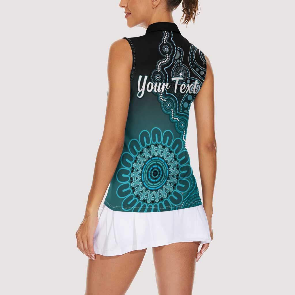 Personalised Ovarian Cancer Awareness Women Sleeveless Polo Shirt Teal Ribbon Aboriginal Art