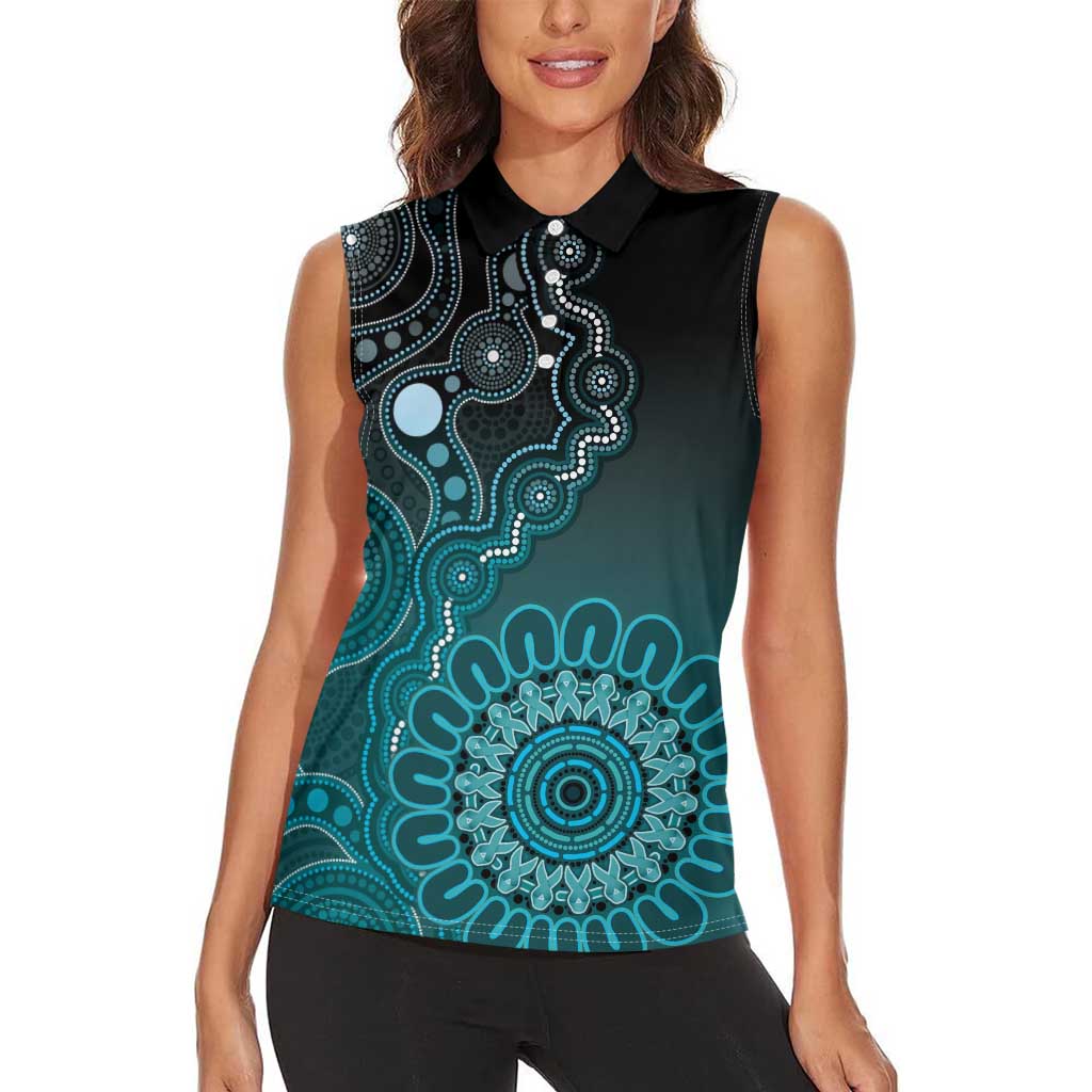 Personalised Ovarian Cancer Awareness Women Sleeveless Polo Shirt Teal Ribbon Aboriginal Art