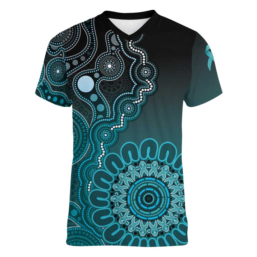 Personalised Ovarian Cancer Awareness Women V-Neck T-Shirt Teal Ribbon Aboriginal Art