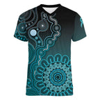Personalised Ovarian Cancer Awareness Women V-Neck T-Shirt Teal Ribbon Aboriginal Art