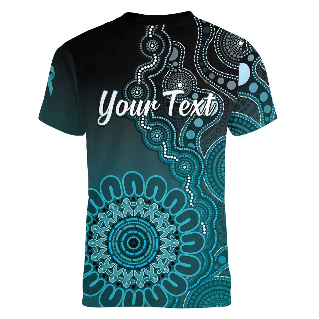 Personalised Ovarian Cancer Awareness Women V-Neck T-Shirt Teal Ribbon Aboriginal Art