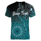 Personalised Ovarian Cancer Awareness Women V-Neck T-Shirt Teal Ribbon Aboriginal Art
