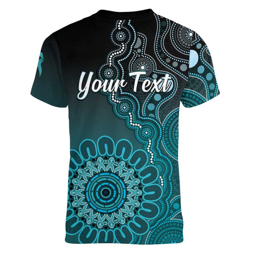 Personalised Ovarian Cancer Awareness Women V-Neck T-Shirt Teal Ribbon Aboriginal Art