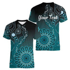 Personalised Ovarian Cancer Awareness Women V-Neck T-Shirt Teal Ribbon Aboriginal Art