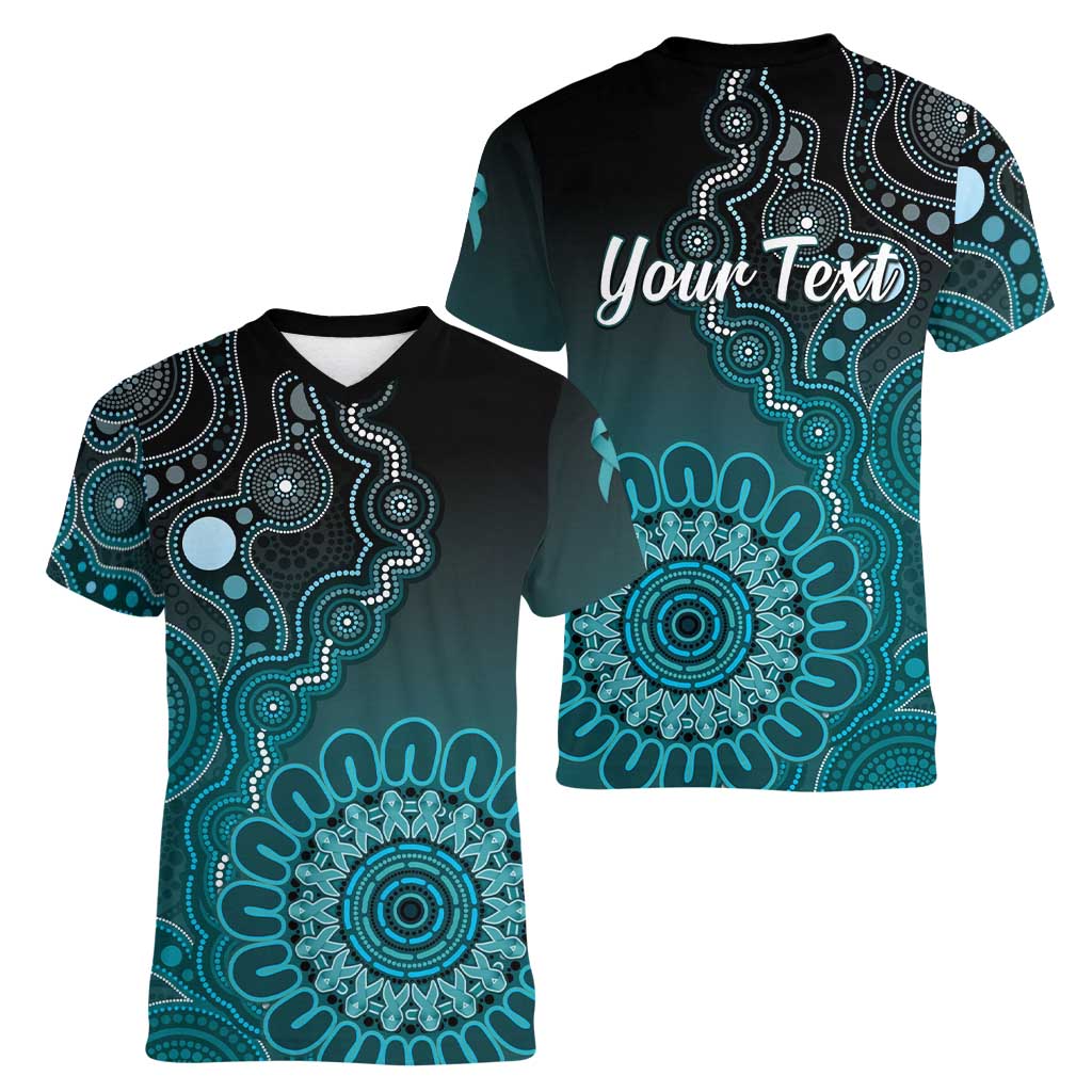 Personalised Ovarian Cancer Awareness Women V-Neck T-Shirt Teal Ribbon Aboriginal Art