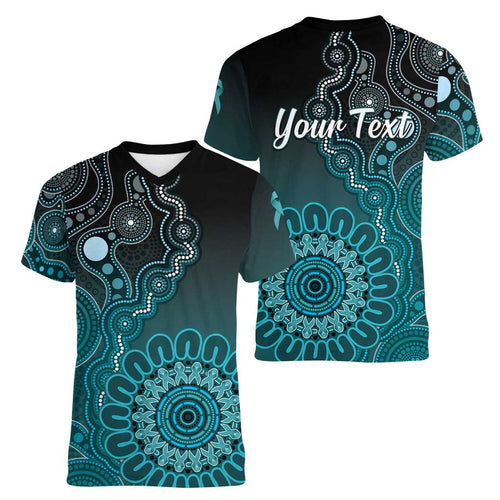 Personalised Ovarian Cancer Awareness Women V-Neck T-Shirt Teal Ribbon Aboriginal Art