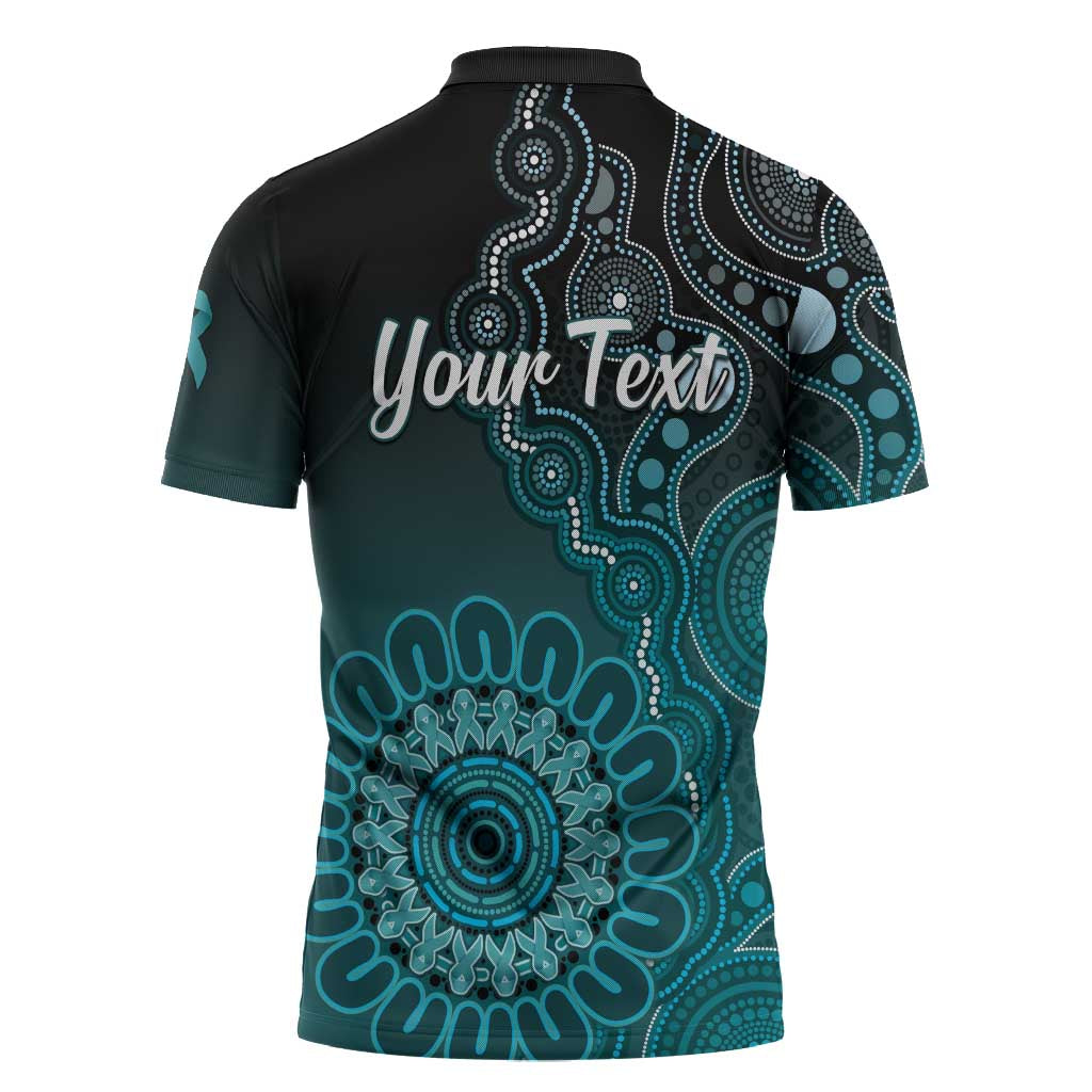 Personalised Ovarian Cancer Awareness Zipper Polo Shirt Teal Ribbon Aboriginal Art