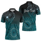 Personalised Ovarian Cancer Awareness Zipper Polo Shirt Teal Ribbon Aboriginal Art