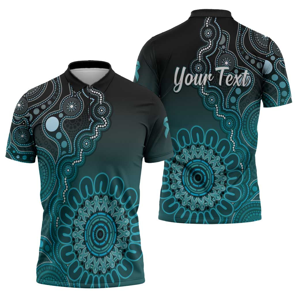Personalised Ovarian Cancer Awareness Zipper Polo Shirt Teal Ribbon Aboriginal Art