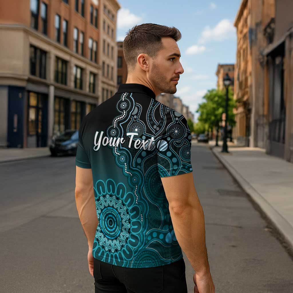 Personalised Ovarian Cancer Awareness Zipper Polo Shirt Teal Ribbon Aboriginal Art