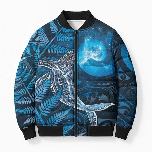 New Zealand Matariki Bomber Puffer Jacket Maori Koru With Humpback Whale Blue