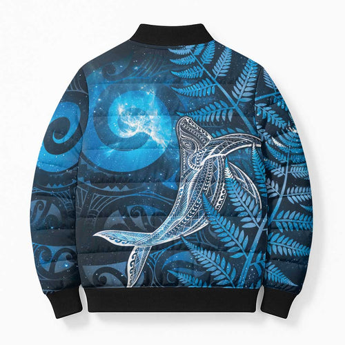 New Zealand Matariki Bomber Puffer Jacket Maori Koru With Humpback Whale Blue