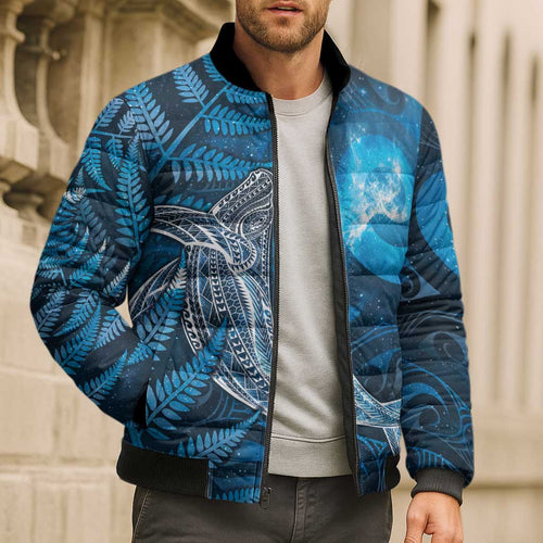 New Zealand Matariki Bomber Puffer Jacket Maori Koru With Humpback Whale Blue