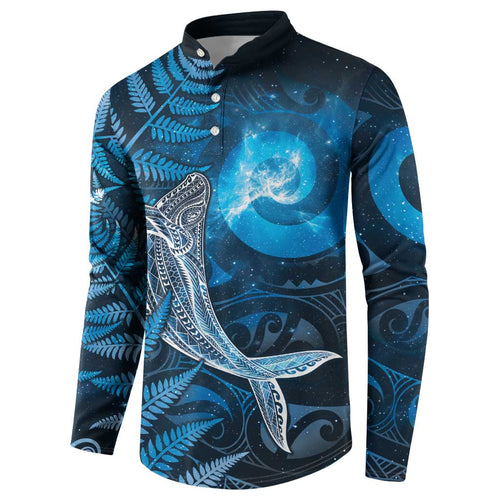 New Zealand Matariki Button Sweatshirt Maori Koru With Humpback Whale Blue
