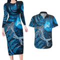 New Zealand Matariki Couples Matching Long Sleeve Bodycon Dress and Hawaiian Shirt Maori Koru With Humpback Whale Blue